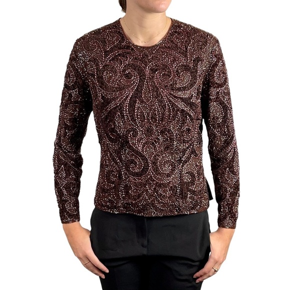 NAEEM KHAN BROWN BEADED CHENILLE FITTED HOLIDAY EVENING TOP RIAZEE BOUTIQUE - Picture 1 of 16